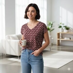 LOFT Women's Linen Blend Ikat Diamond Print Round Neck‎ T-Shirt Top -Size S